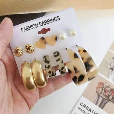 6 pairs Women Simple Geometric Leopard Print Hoop Earrings Set
